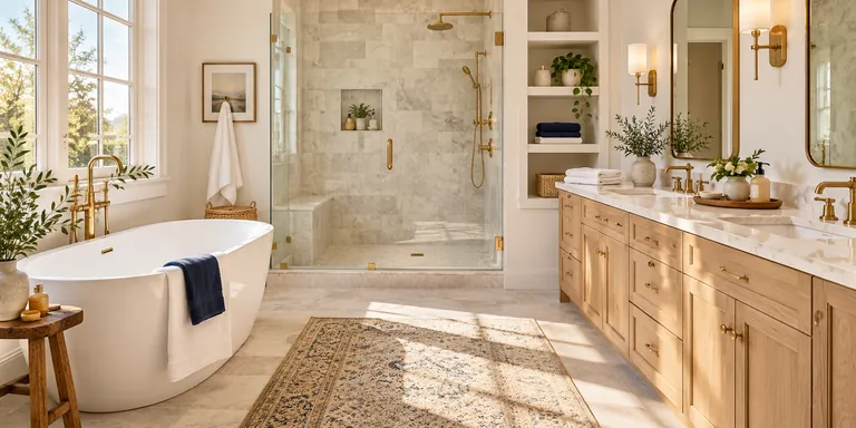Clean bathroom with bathtub and glass shower