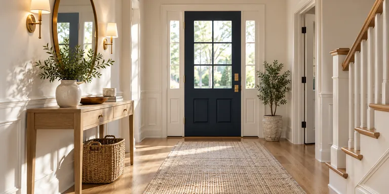 Clean entrance hallway with navy front door