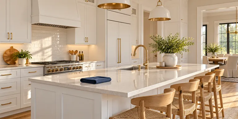 Clean white kitchen with pale quartz island