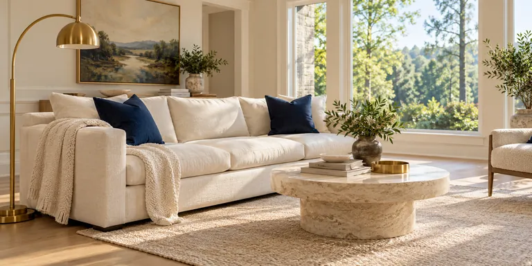Bright living room with ivory sofa
